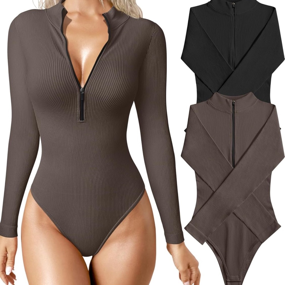 OQQ Black and Brown 2 Piece Long Sleeve Ribbed Bodysuits, Size Small
